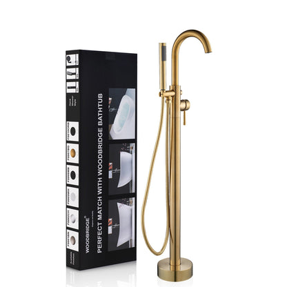 WoodBridge F0007BGRD Brushed Gold Contemporary Single Handle Floor Mount Freestanding Tub Filler Faucet With Hand Shower