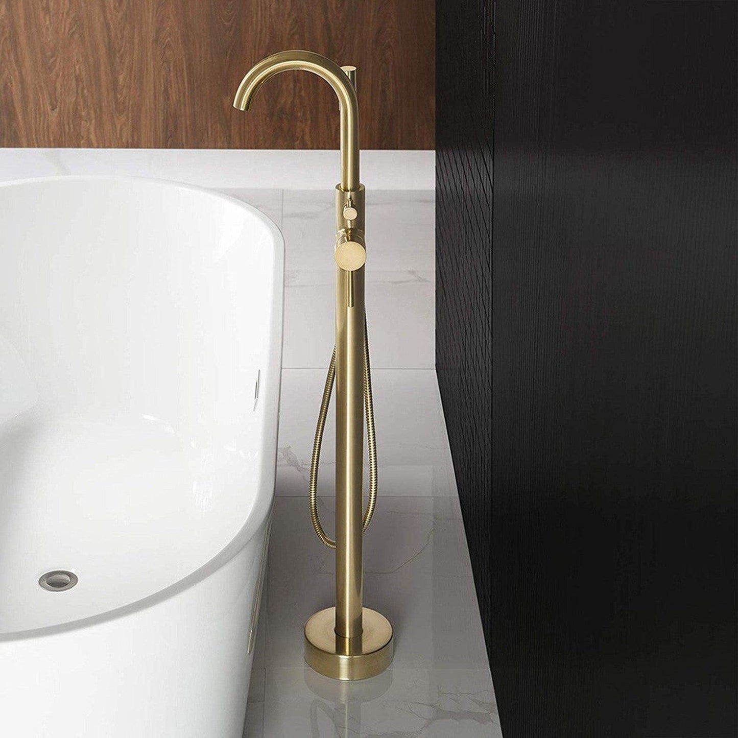 WoodBridge F0007BGRD Brushed Gold Contemporary Single Handle Floor Mount Freestanding Tub Filler Faucet With Hand Shower