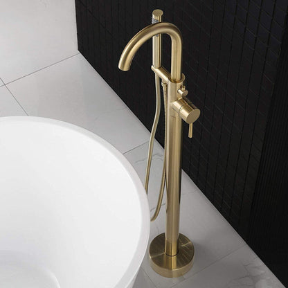 WoodBridge F0007BGRD Brushed Gold Contemporary Single Handle Floor Mount Freestanding Tub Filler Faucet With Hand Shower