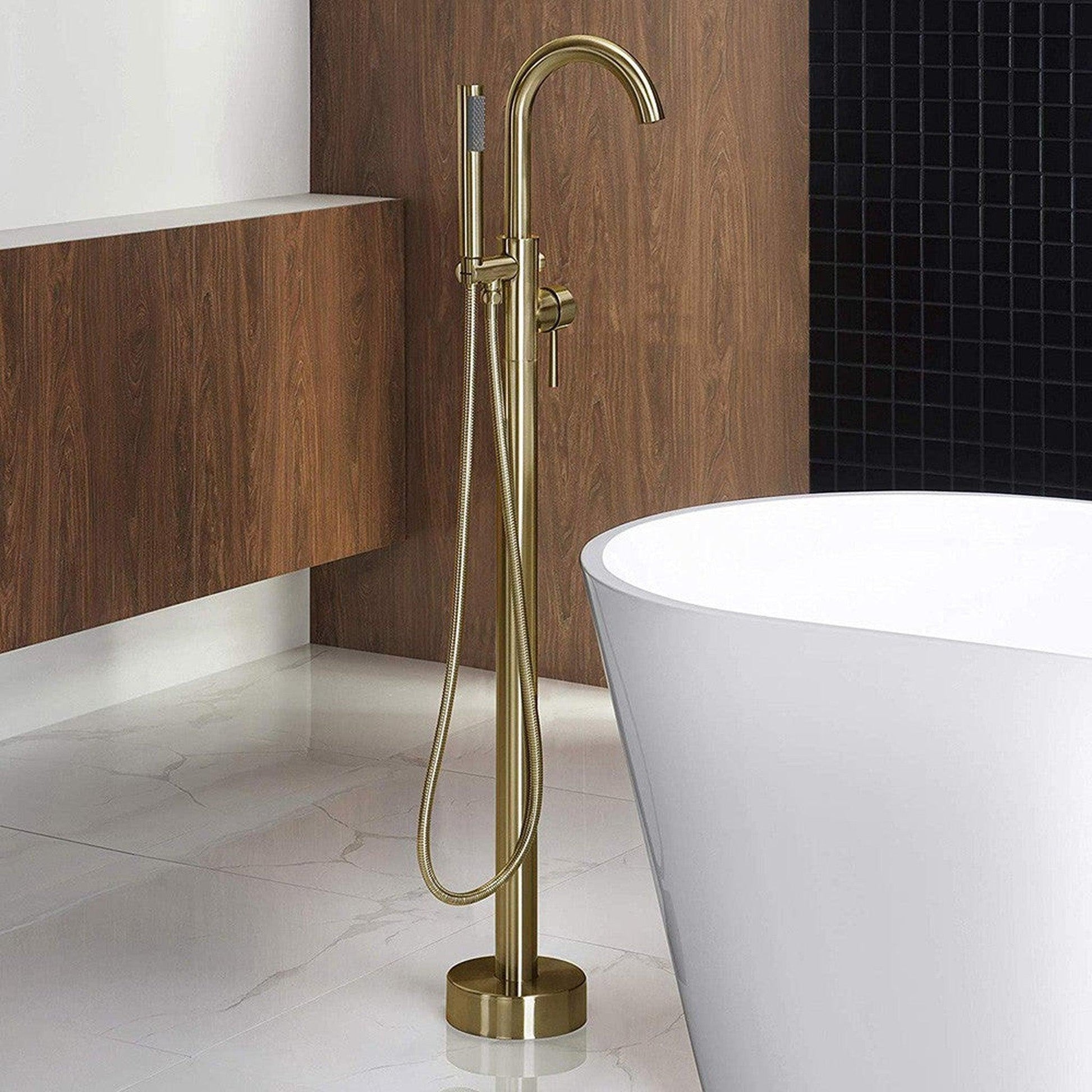 WoodBridge F0007BGRD Brushed Gold Contemporary Single Handle Floor Mount Freestanding Tub Filler Faucet With Hand Shower