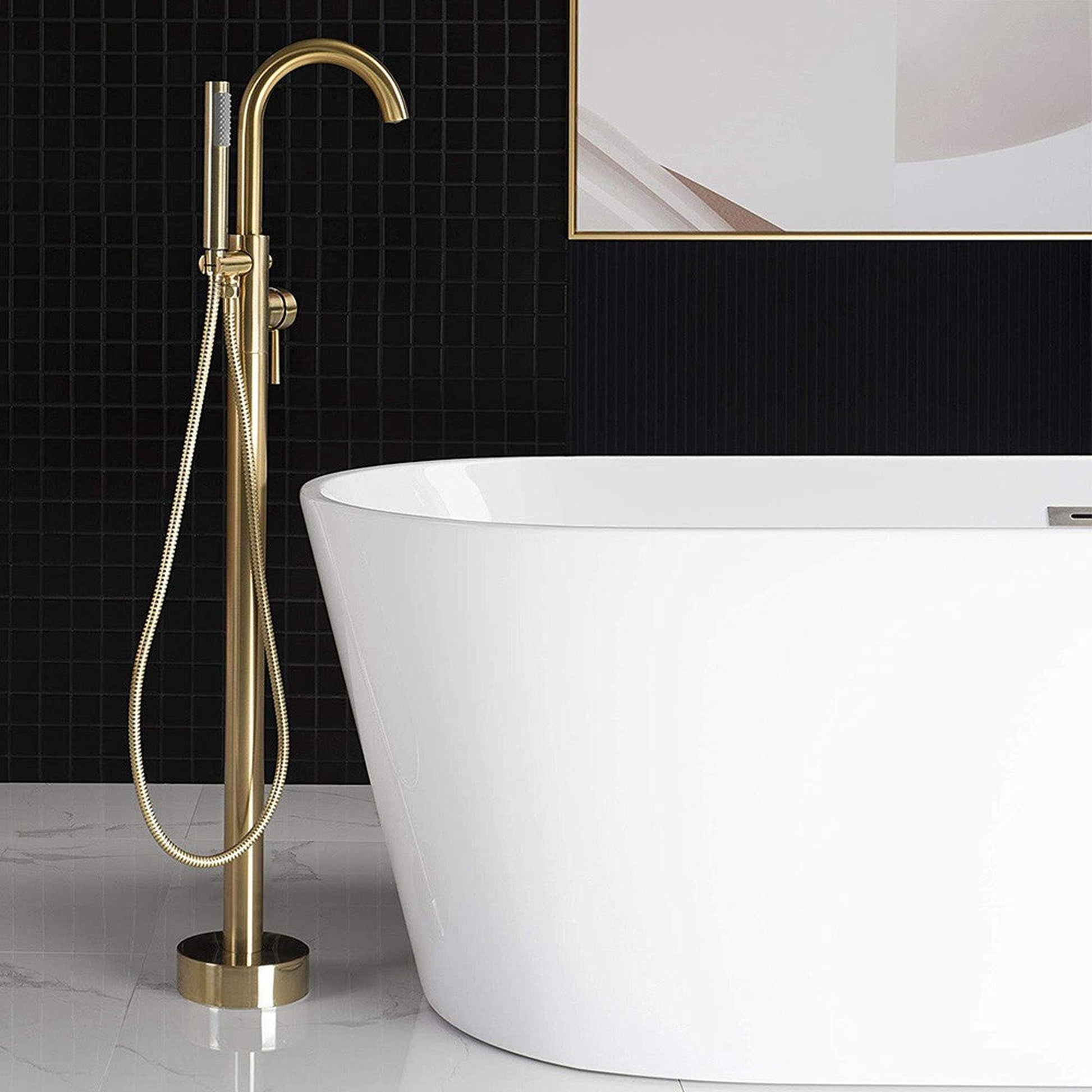 WoodBridge F0007BGRD Brushed Gold Contemporary Single Handle Floor Mount Freestanding Tub Filler Faucet With Hand Shower