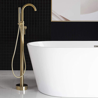 WoodBridge F0007BGRD Brushed Gold Contemporary Single Handle Floor Mount Freestanding Tub Filler Faucet With Hand Shower