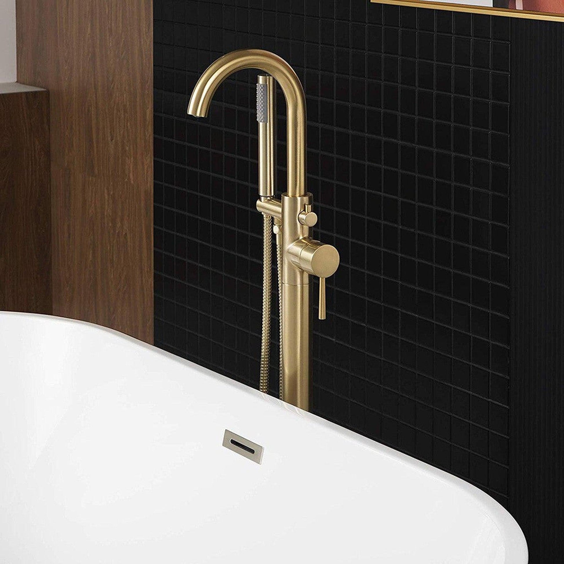 WoodBridge F0007BGRD Brushed Gold Contemporary Single Handle Floor Mount Freestanding Tub Filler Faucet With Hand Shower