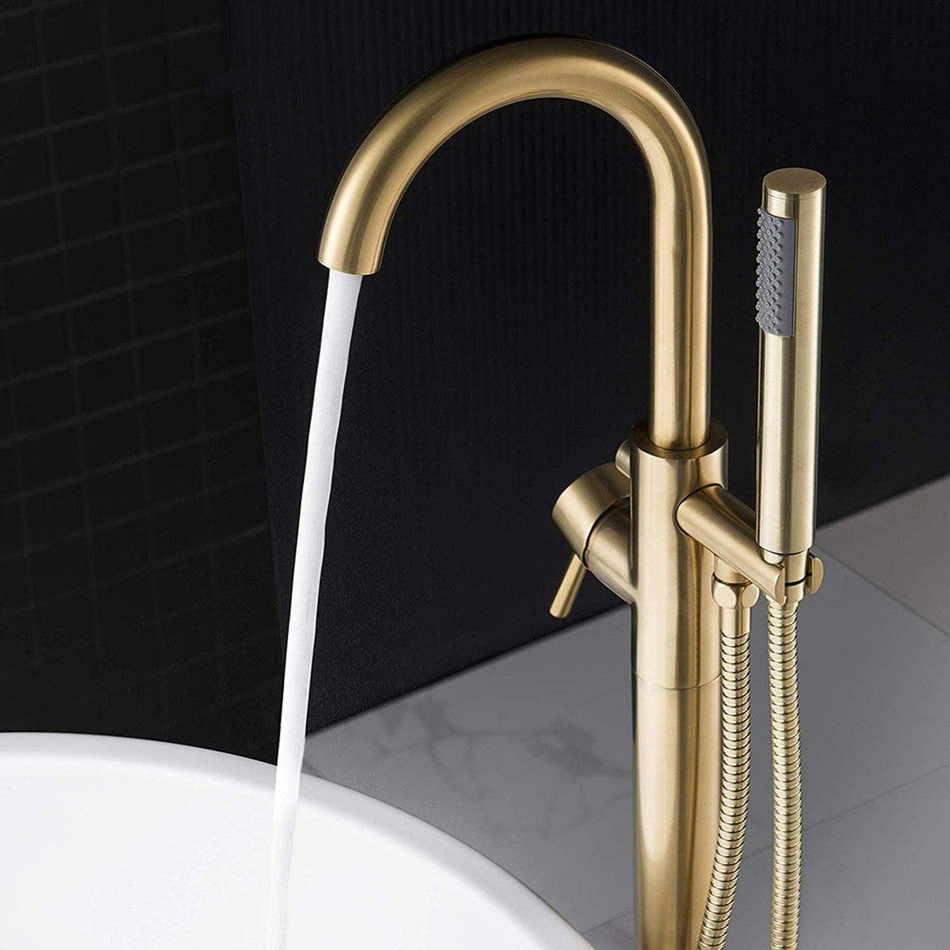 WoodBridge F0007BGRD Brushed Gold Contemporary Single Handle Floor Mount Freestanding Tub Filler Faucet With Hand Shower