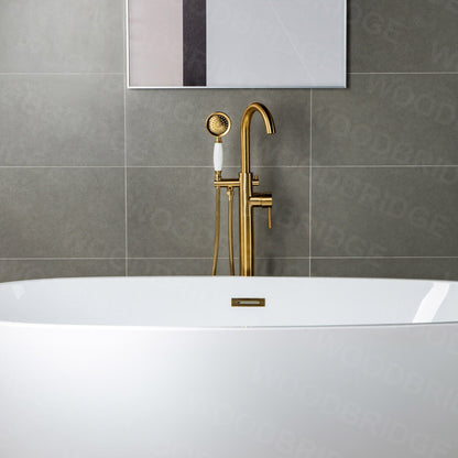 WoodBridge F0007BGVT Brushed Gold Fusion Single Handle Floor Mount Freestanding Tub Filler Faucet With Telephone Hand Shower