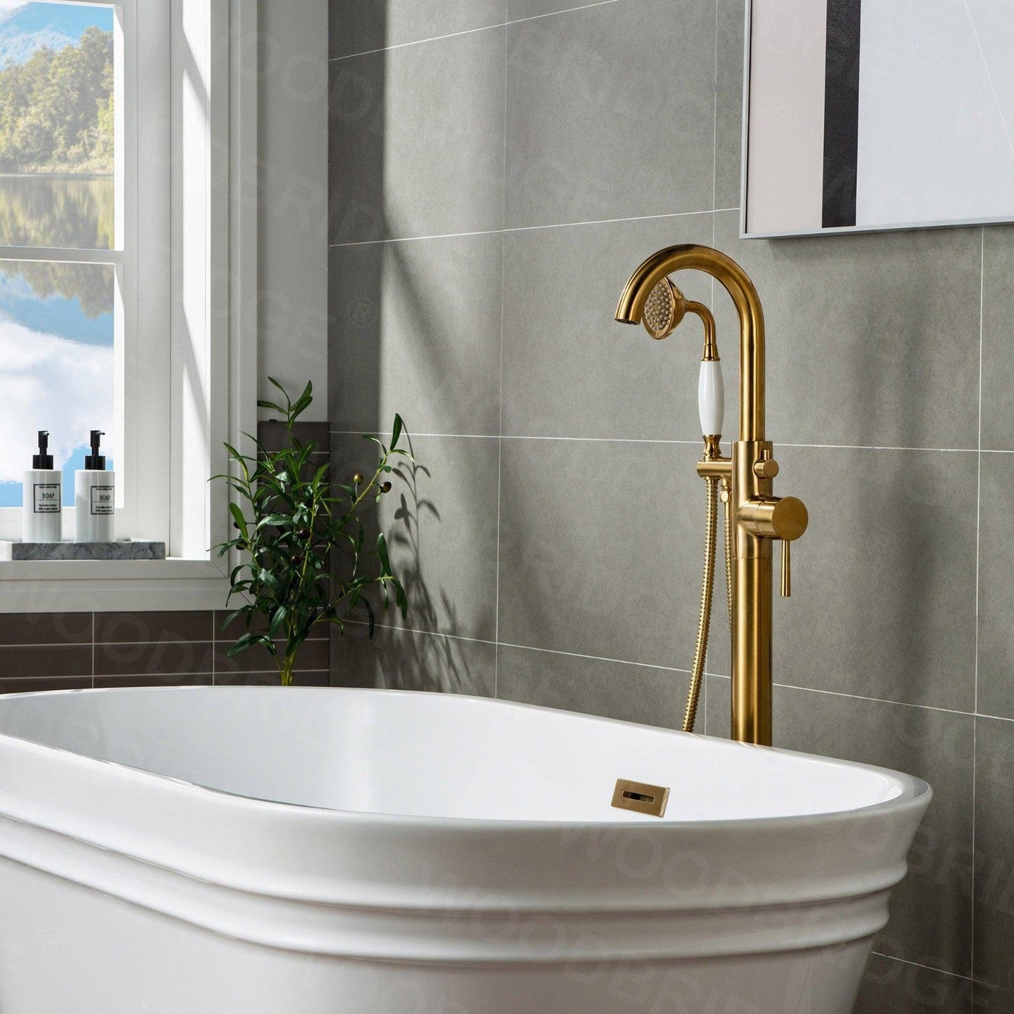WoodBridge F0007BGVT Brushed Gold Fusion Single Handle Floor Mount Freestanding Tub Filler Faucet With Telephone Hand Shower
