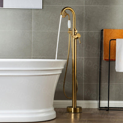 WoodBridge F0007BGVT Brushed Gold Fusion Single Handle Floor Mount Freestanding Tub Filler Faucet With Telephone Hand Shower