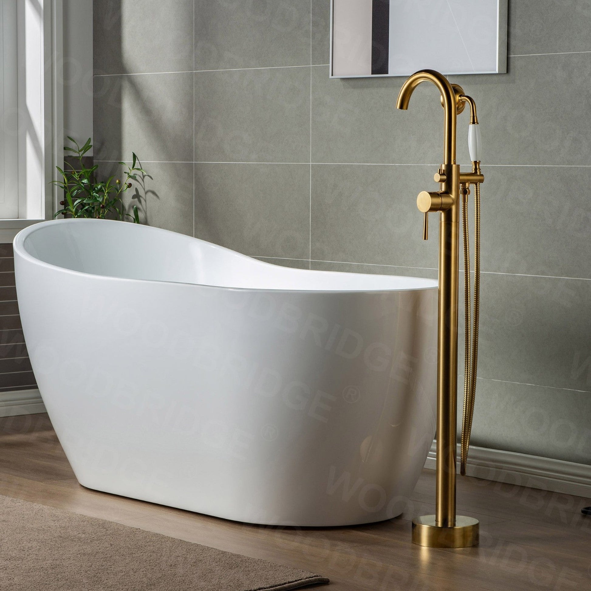 WoodBridge F0007BGVT Brushed Gold Fusion Single Handle Floor Mount Freestanding Tub Filler Faucet With Telephone Hand Shower