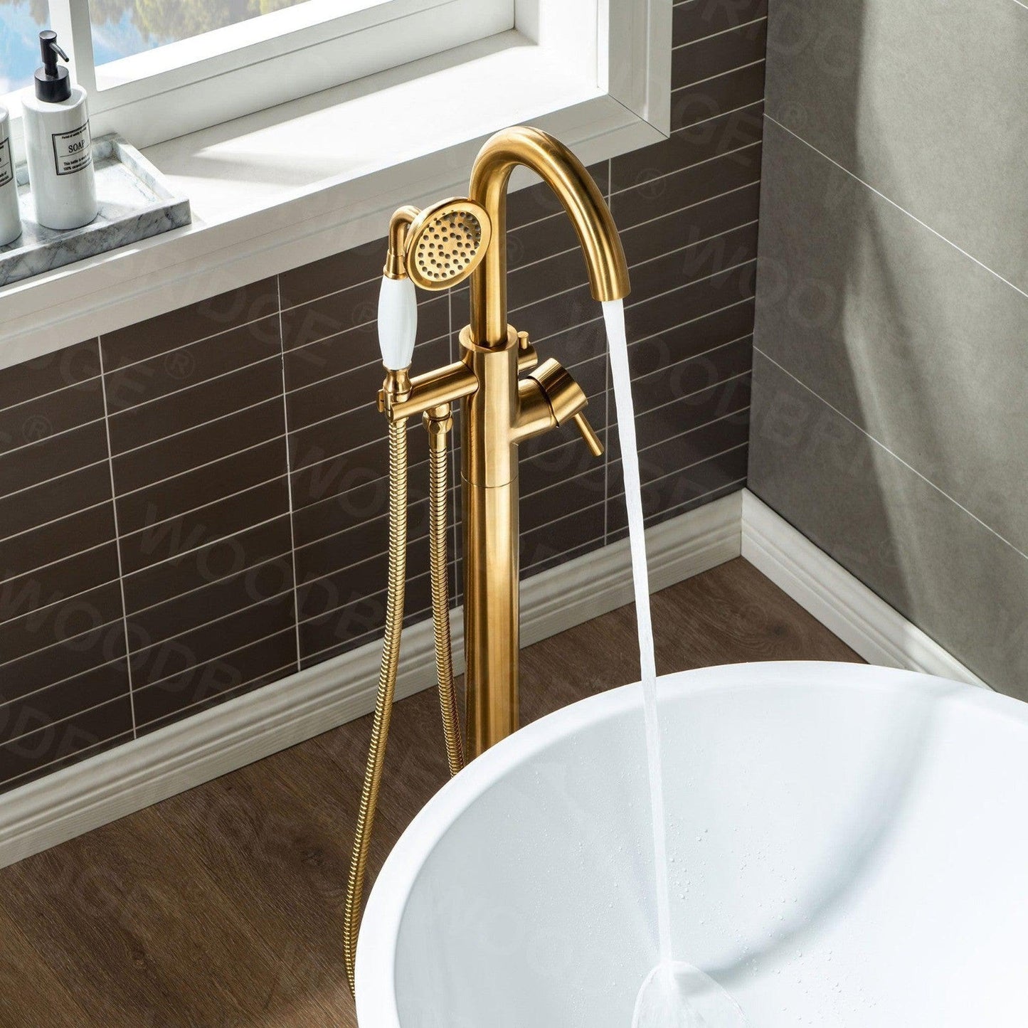 WoodBridge F0007BGVT Brushed Gold Fusion Single Handle Floor Mount Freestanding Tub Filler Faucet With Telephone Hand Shower