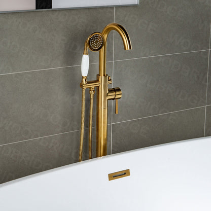 WoodBridge F0007BGVT Brushed Gold Fusion Single Handle Floor Mount Freestanding Tub Filler Faucet With Telephone Hand Shower