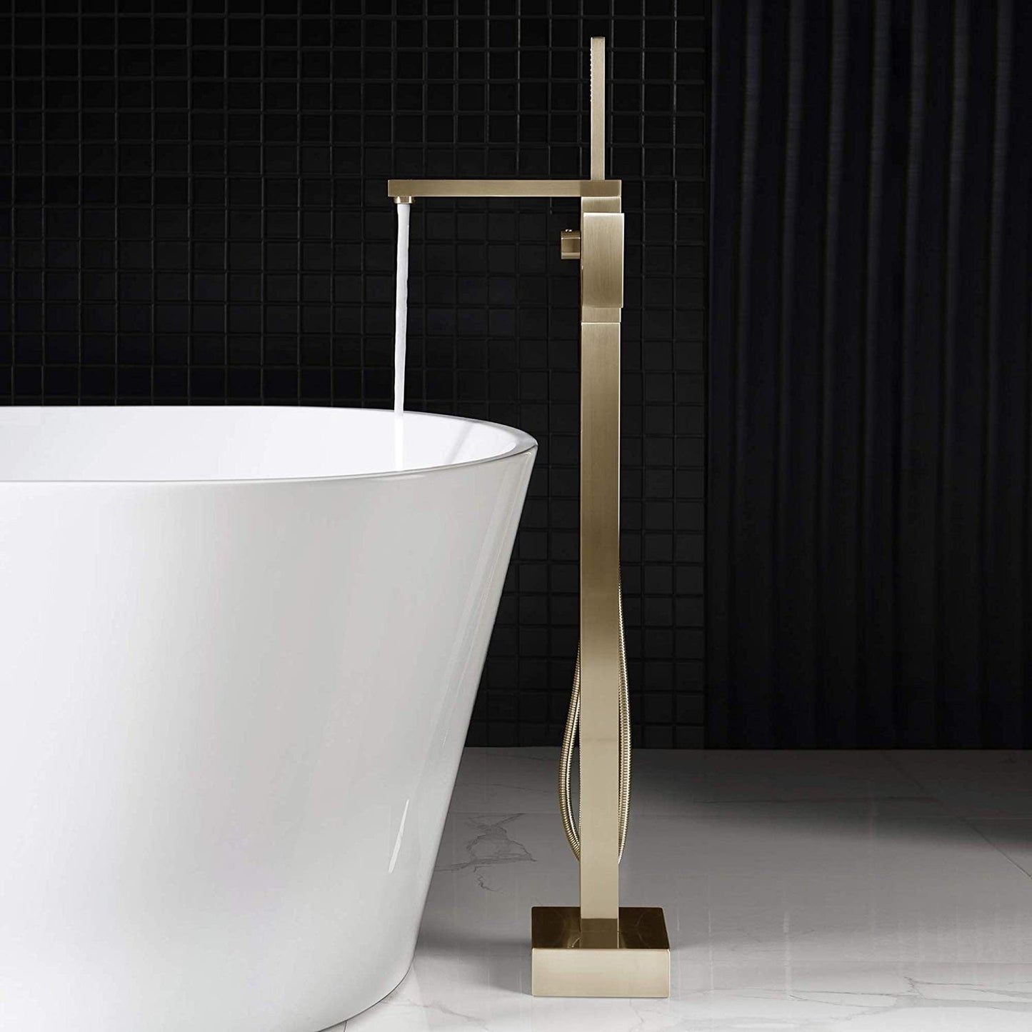 WoodBridge F0008BG Brushed Gold Contemporary Single Handle Floor Mount Freestanding Tub Filler Faucet With Hand Shower