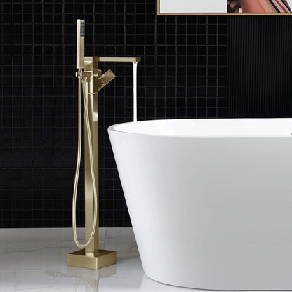 WoodBridge F0008BG Brushed Gold Contemporary Single Handle Floor Mount Freestanding Tub Filler Faucet With Hand Shower