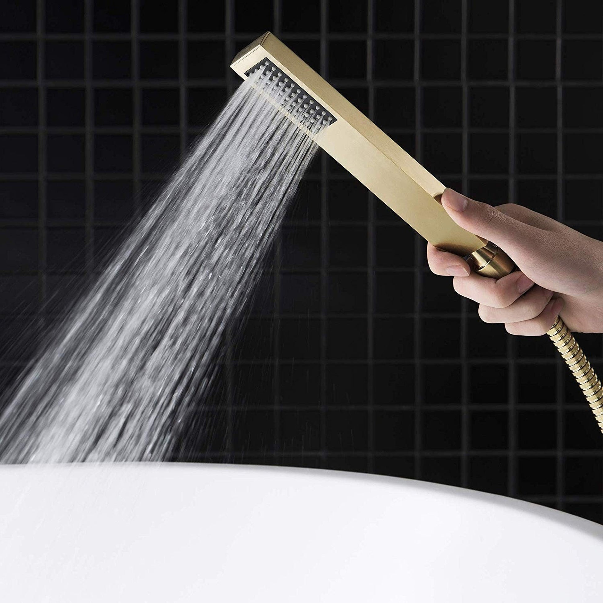 WoodBridge F0008BG Brushed Gold Contemporary Single Handle Floor Mount Freestanding Tub Filler Faucet With Hand Shower
