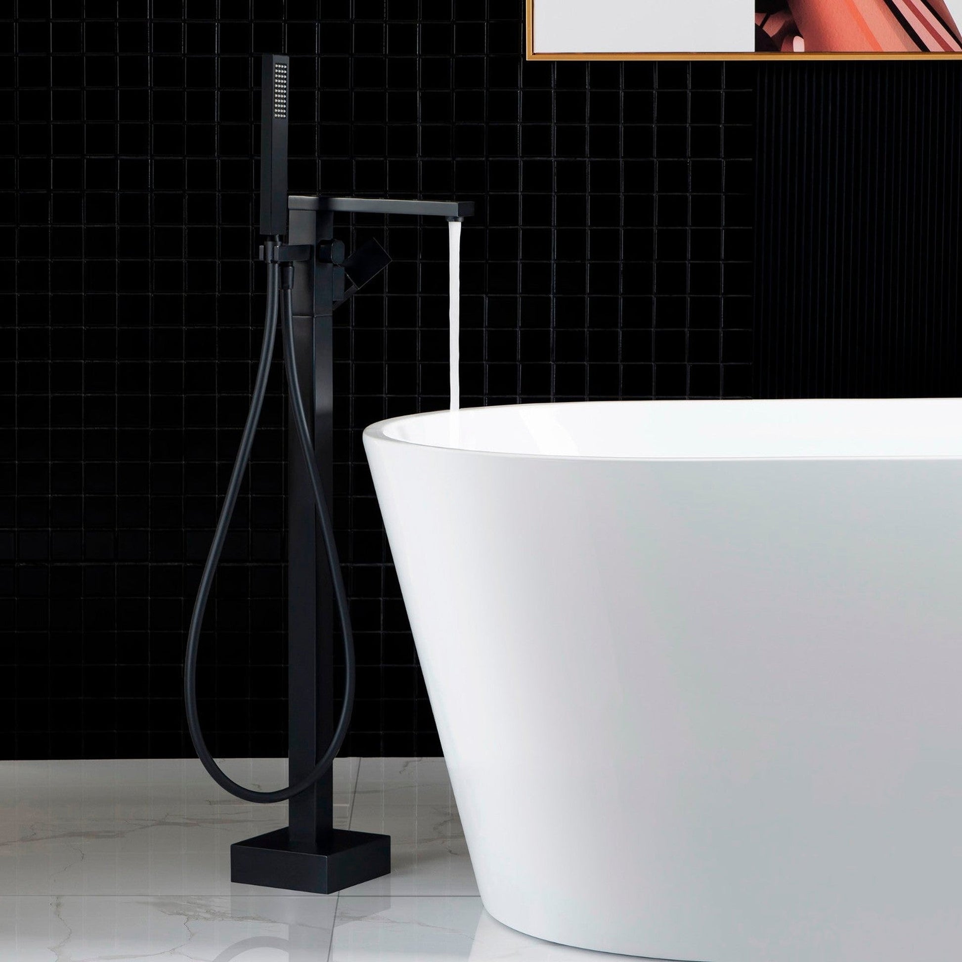 WoodBridge F0009 Matte Black Contemporary Single Handle Floor Mount Freestanding Tub Filler Faucet With Hand Shower
