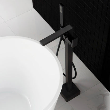 WoodBridge F0009 Matte Black Contemporary Single Handle Floor Mount Freestanding Tub Filler Faucet With Hand Shower