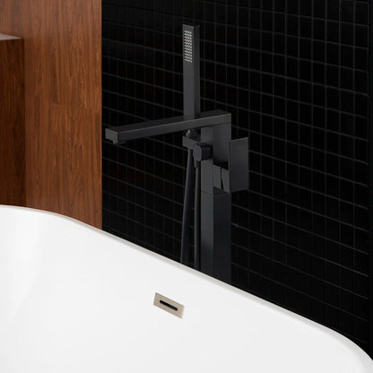 WoodBridge F0009 Matte Black Contemporary Single Handle Floor Mount Freestanding Tub Filler Faucet With Hand Shower