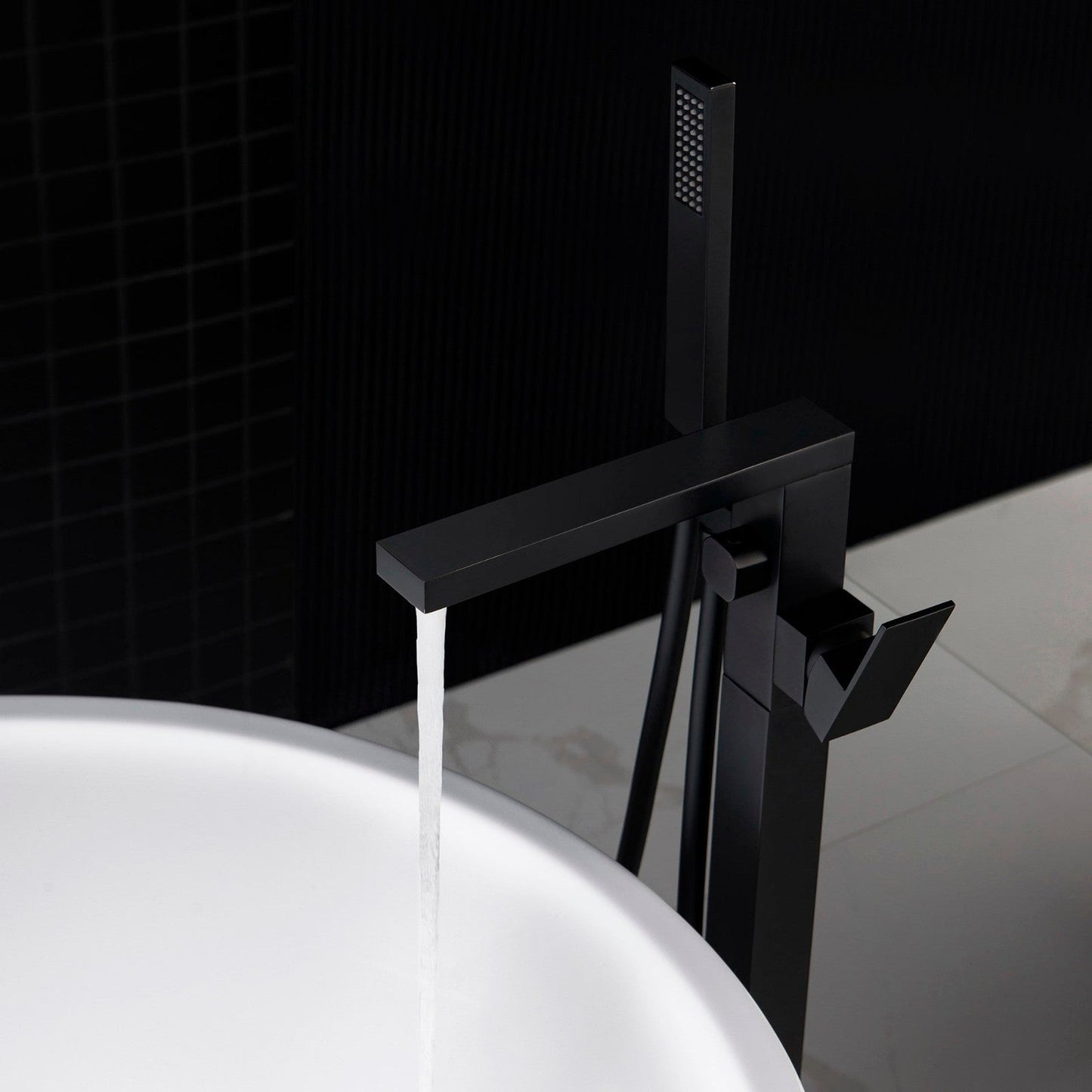 WoodBridge F0009 Matte Black Contemporary Single Handle Floor Mount Freestanding Tub Filler Faucet With Hand Shower