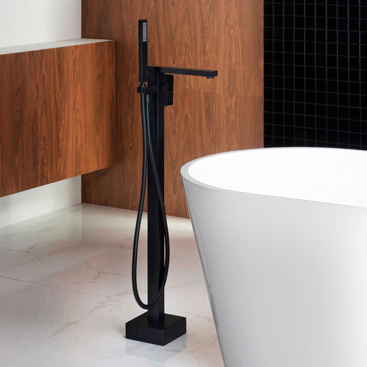 WoodBridge F0009BL Matte Black Contemporary Single Handle Floor Mount Freestanding Tub Filler Faucet With Hand Shower