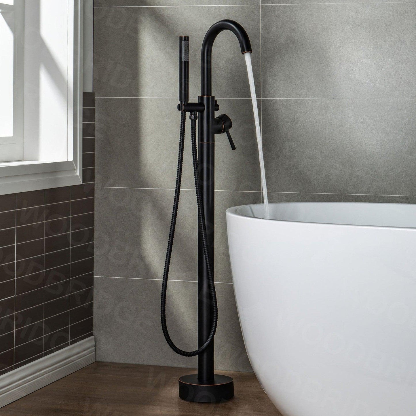 WoodBridge F0010ORBRD Oil Rubbed Bronze Contemporary Single Handle Floor Mount Freestanding Tub Filler Faucet With Hand Shower