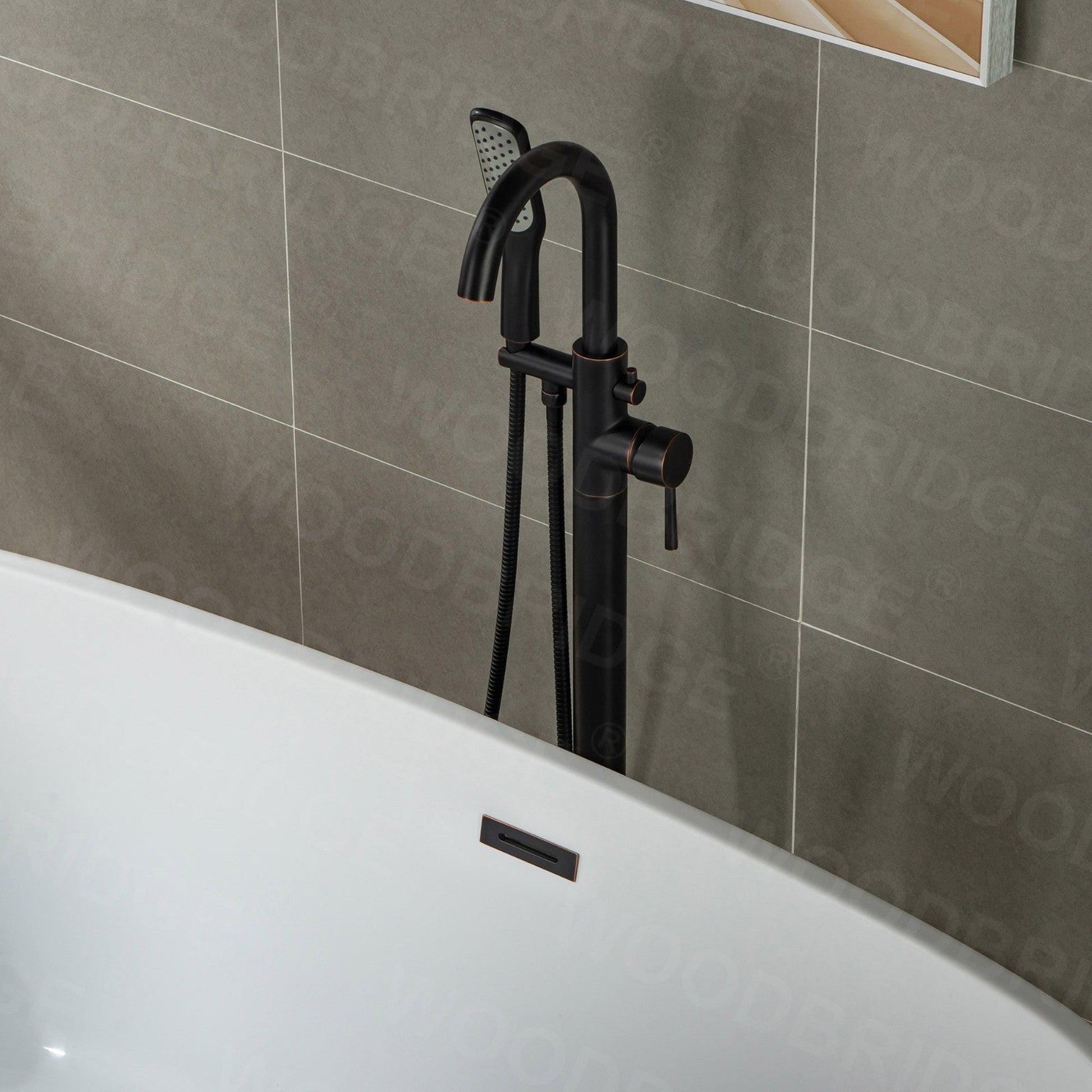 WoodBridge F0010ORBSQ Oil Rubbed Bronze Contemporary Single Handle Floor Mount Freestanding Tub Filler Faucet With Square Shape Comfort Grip Hand Shower