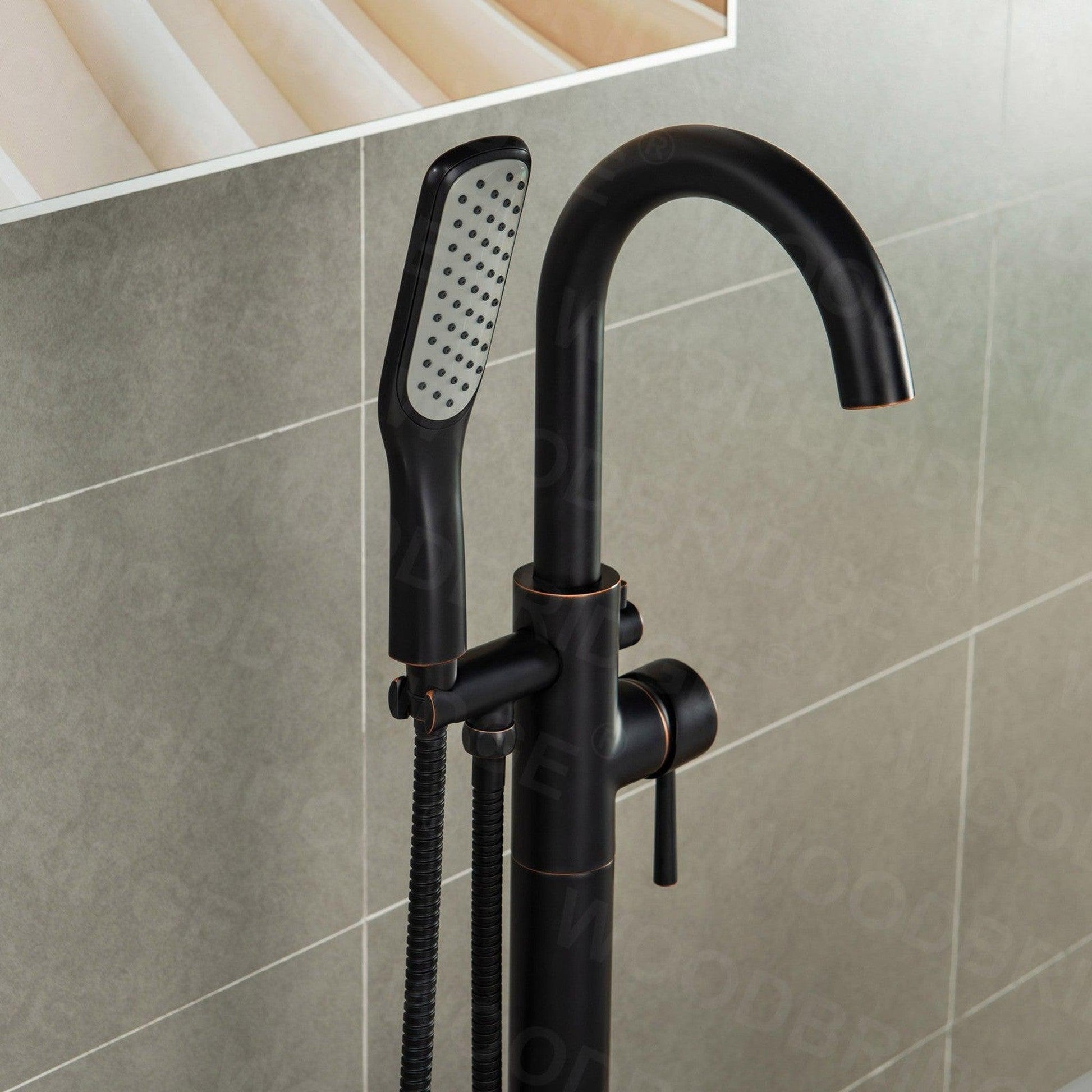 WoodBridge F0010ORBSQ Oil Rubbed Bronze Contemporary Single Handle Floor Mount Freestanding Tub Filler Faucet With Square Shape Comfort Grip Hand Shower