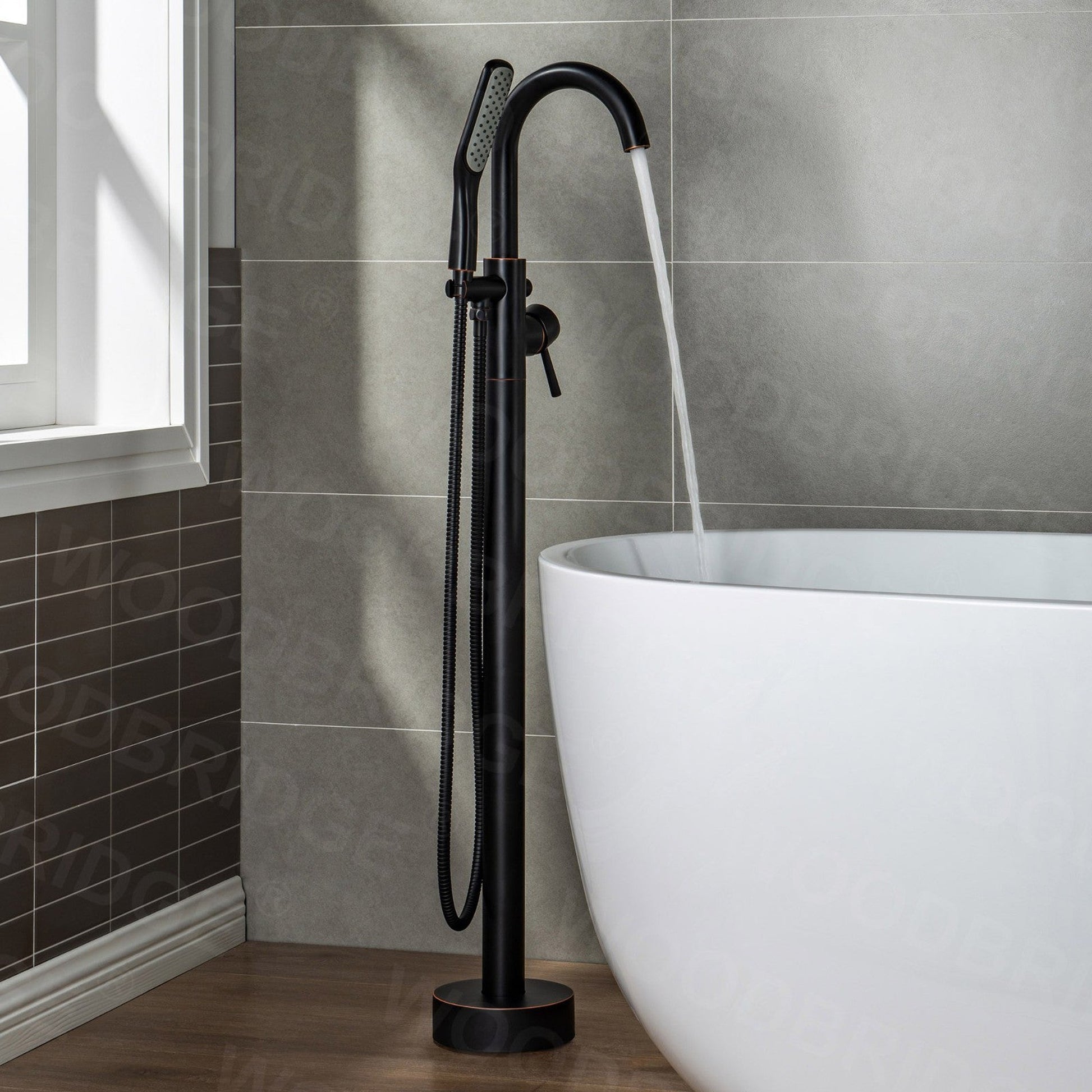 WoodBridge F0010ORBSQ Oil Rubbed Bronze Contemporary Single Handle Floor Mount Freestanding Tub Filler Faucet With Square Shape Comfort Grip Hand Shower