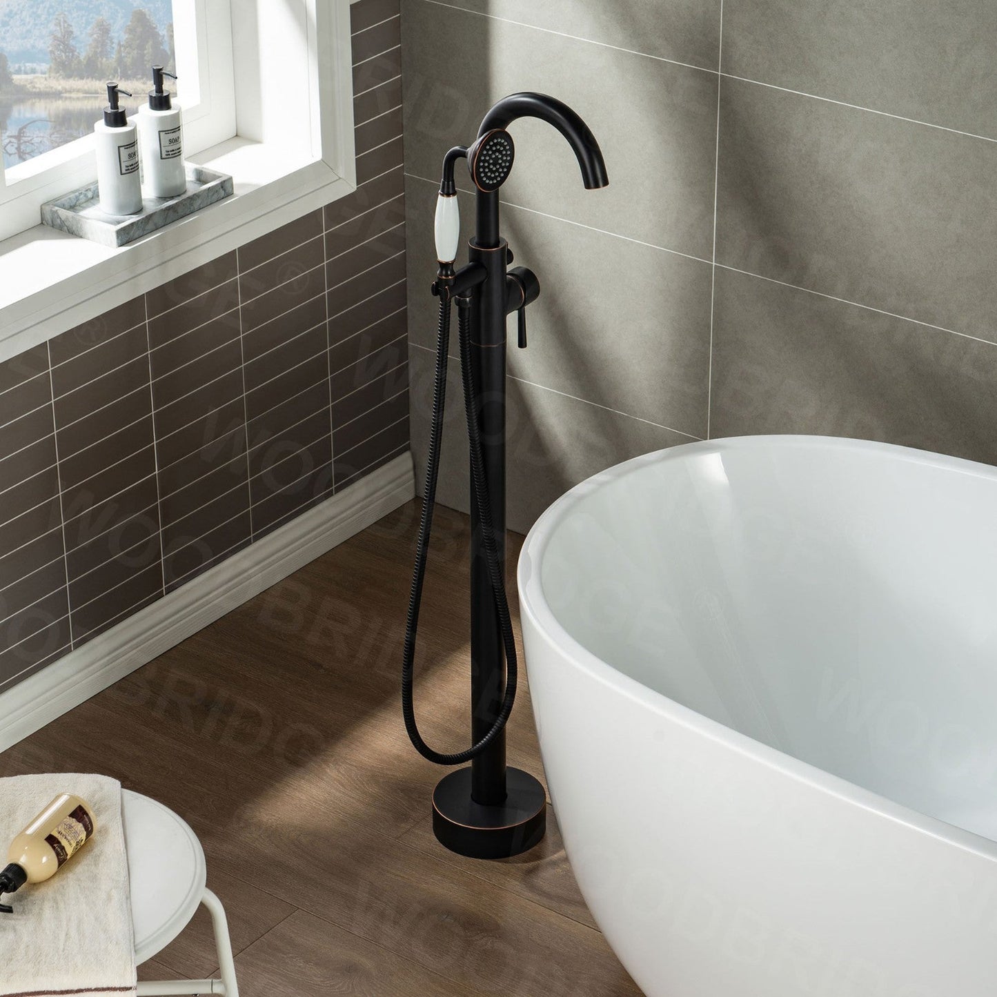 WoodBridge F0010ORBVT Oil Rubbed Bronze Contemporary Single Handle Floor Mount Freestanding Tub Filler Faucet With Telephone Hand Shower