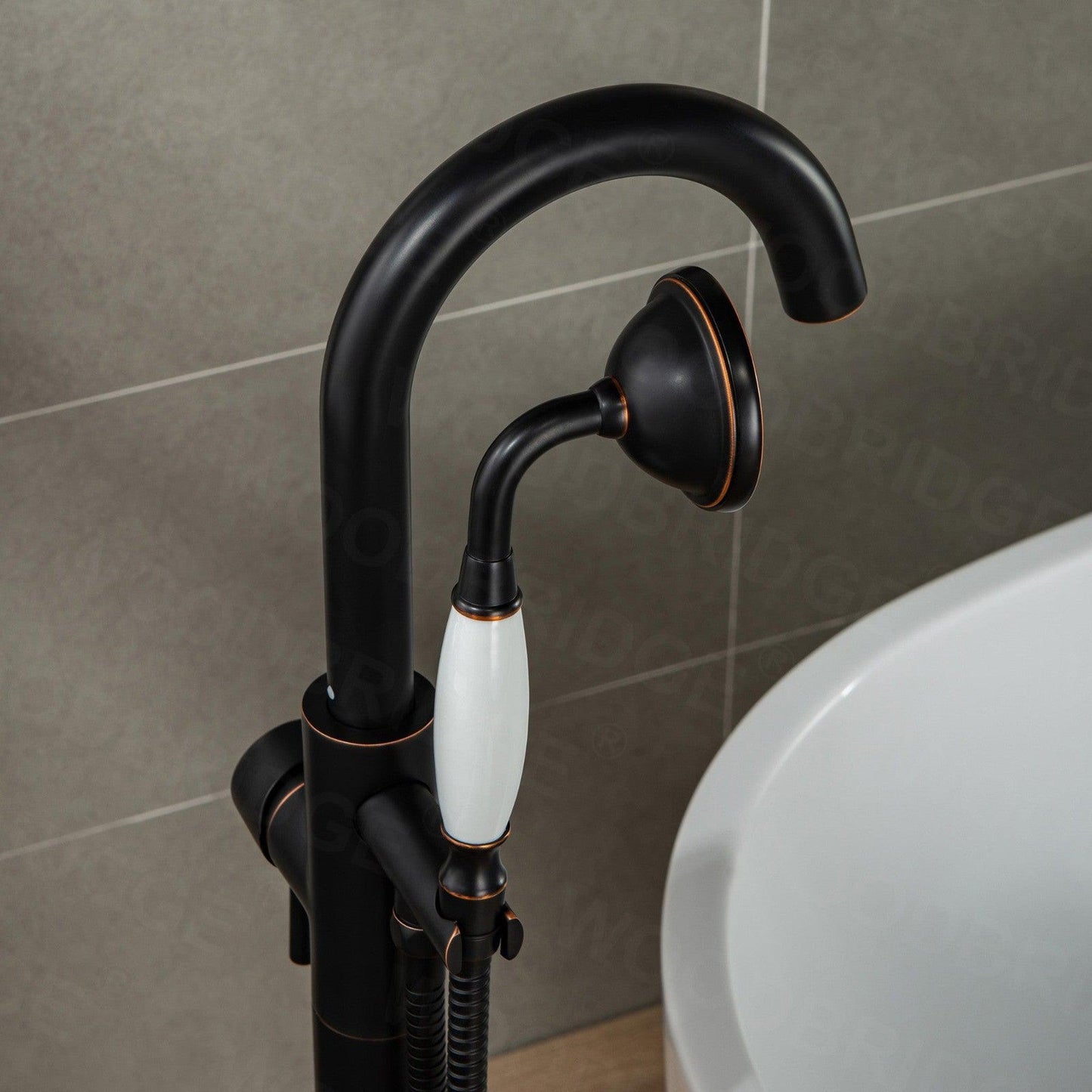 WoodBridge F0010ORBVT Oil Rubbed Bronze Contemporary Single Handle Floor Mount Freestanding Tub Filler Faucet With Telephone Hand Shower