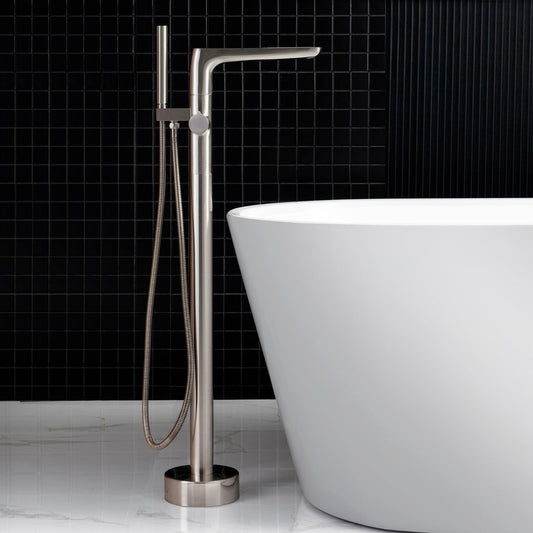 WoodBridge F0014BN Brushed Nickel Contemporary Single Handle Floor Mount Freestanding Tub Filler Faucet With Hand Shower