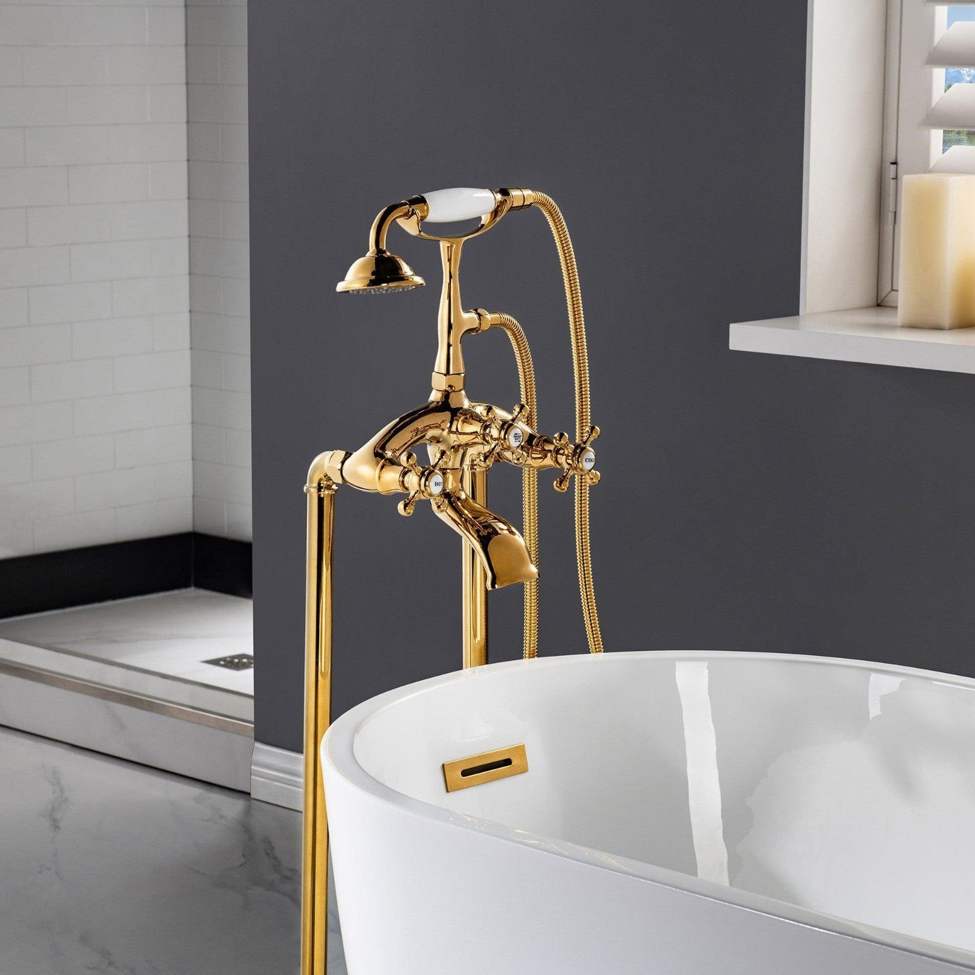 WoodBridge F0019PG Polished Gold Freestanding Clawfoot Tub Filler Faucet With Hand Shower and Hose