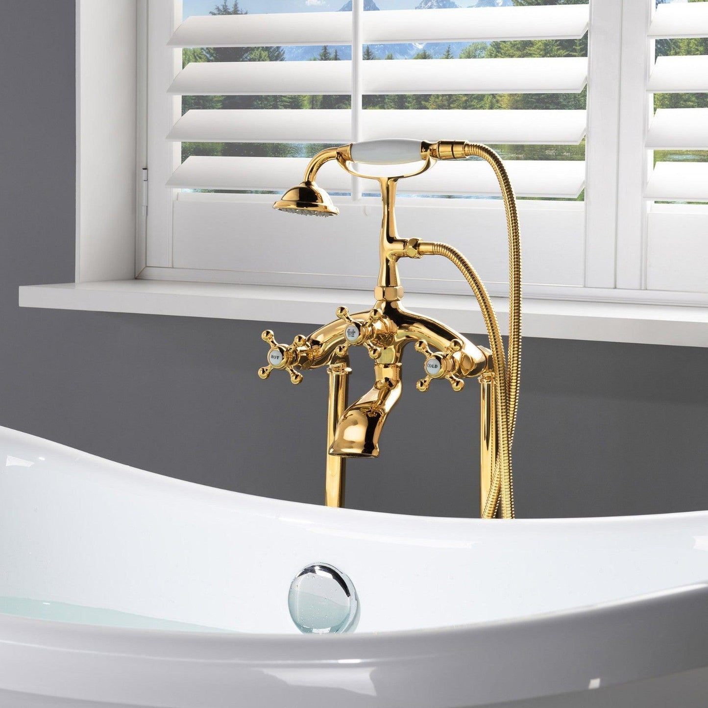 WoodBridge F0019PG Polished Gold Freestanding Clawfoot Tub Filler Faucet With Hand Shower and Hose