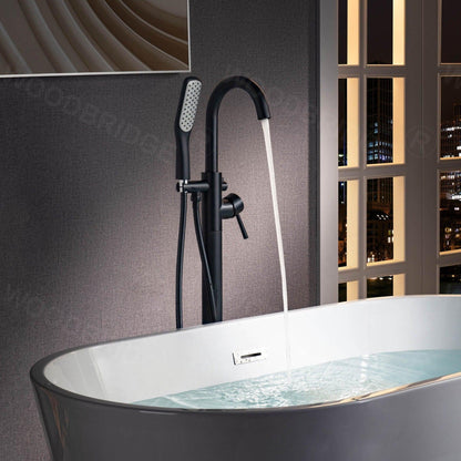 WoodBridge F0025MBSQ Matte Black Fusion Single Handle Floor Mount Freestanding Tub Filler Faucet With Square Comfort Grip Hand Shower