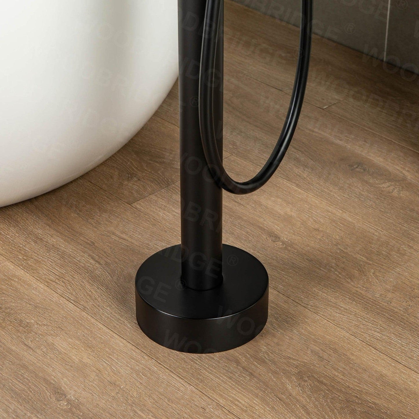 WoodBridge F0025MBSQ Matte Black Fusion Single Handle Floor Mount Freestanding Tub Filler Faucet With Square Comfort Grip Hand Shower
