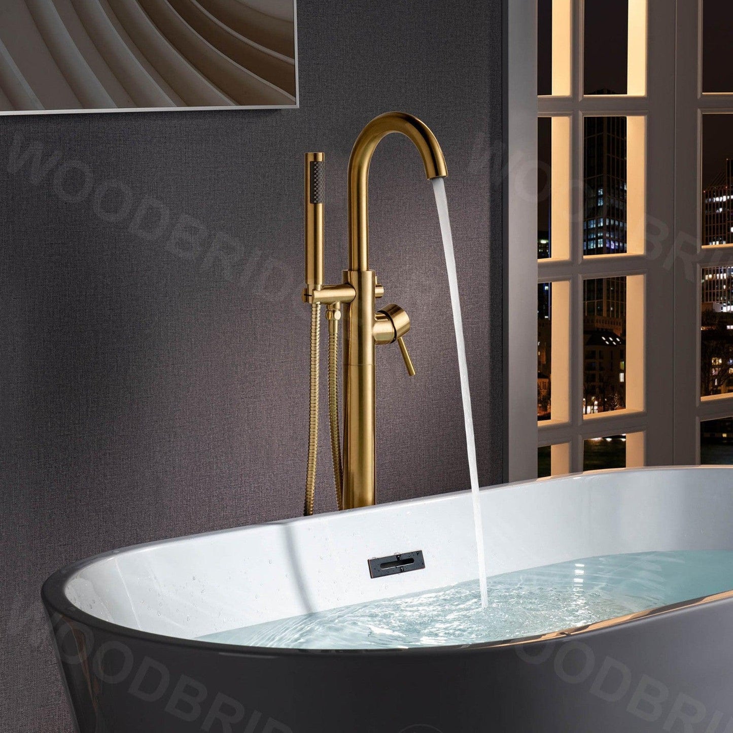 WoodBridge F0026BGRD Brushed Gold Contemporary Single Handle Floor Mount Freestanding Tub Filler Faucet With Cylinder Shape Hand Shower