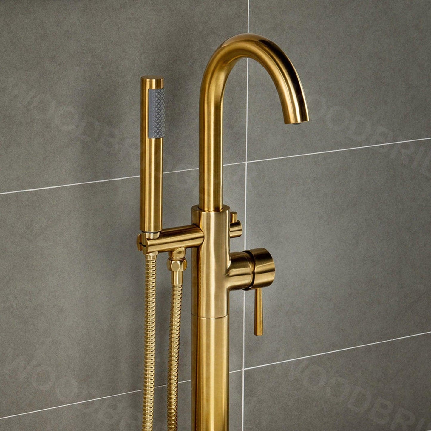 WoodBridge F0026BGRD Brushed Gold Contemporary Single Handle Floor Mount Freestanding Tub Filler Faucet With Cylinder Shape Hand Shower