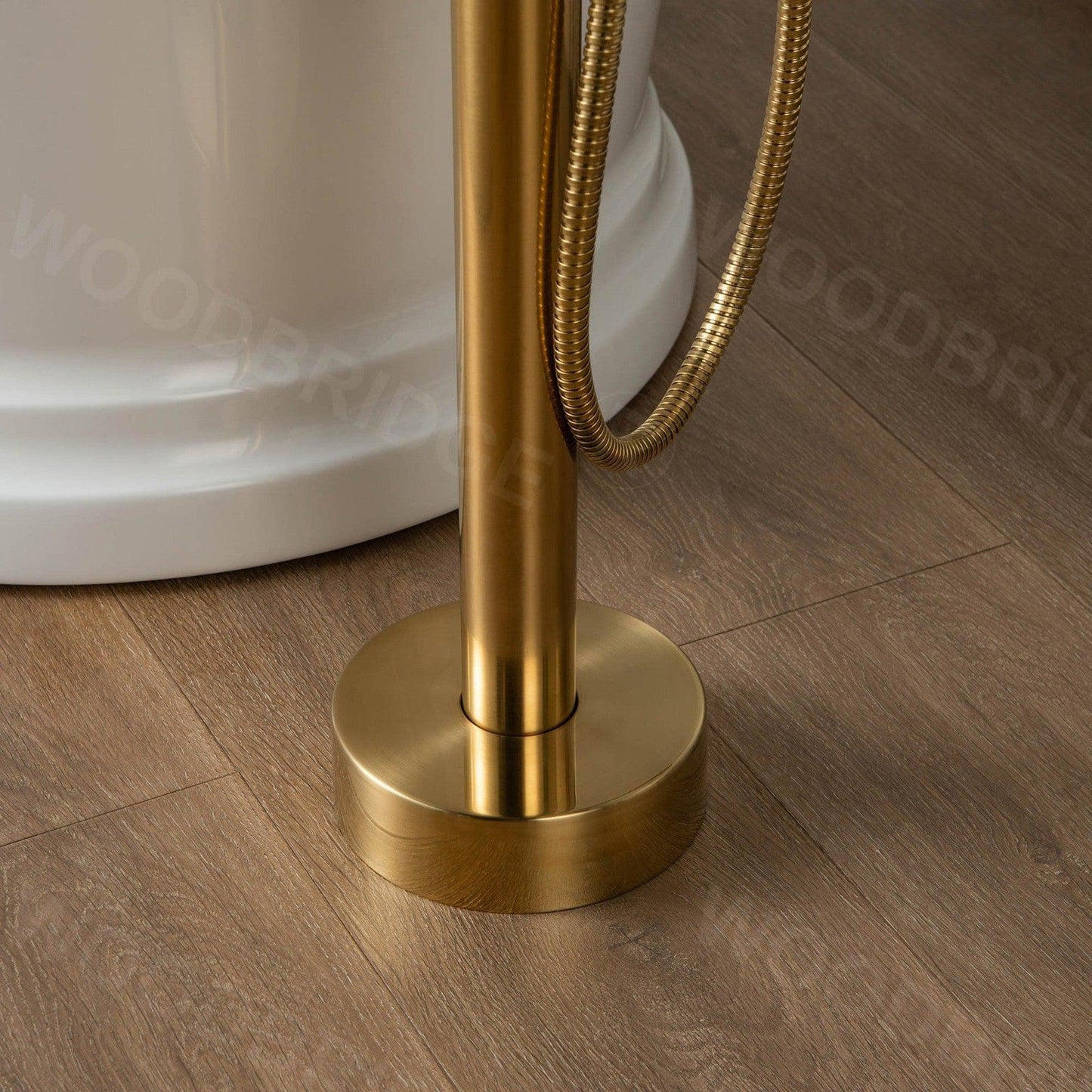 WoodBridge F0026BGRD Brushed Gold Contemporary Single Handle Floor Mount Freestanding Tub Filler Faucet With Cylinder Shape Hand Shower