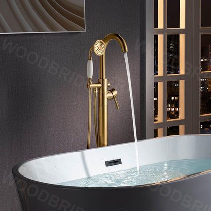 WoodBridge F0026BGVT Brushed Gold Fusion Single Handle Floor Mount Freestanding Tub Filler Faucet With Telephone Style Hand Shower