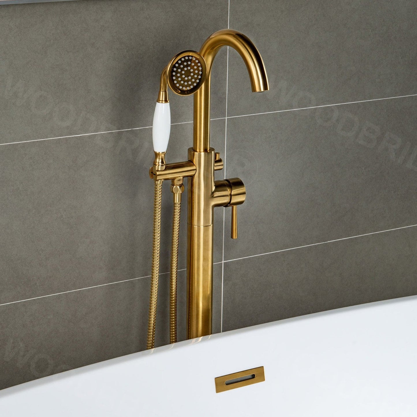 WoodBridge F0026BGVT Brushed Gold Fusion Single Handle Floor Mount Freestanding Tub Filler Faucet With Telephone Style Hand Shower