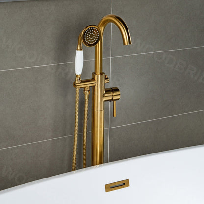 WoodBridge F0026BGVT Brushed Gold Fusion Single Handle Floor Mount Freestanding Tub Filler Faucet With Telephone Style Hand Shower