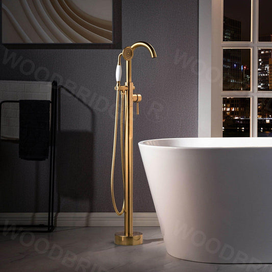 WoodBridge F0026BGVT Brushed Gold Fusion Single Handle Floor Mount Freestanding Tub Filler Faucet With Telephone Style Hand Shower