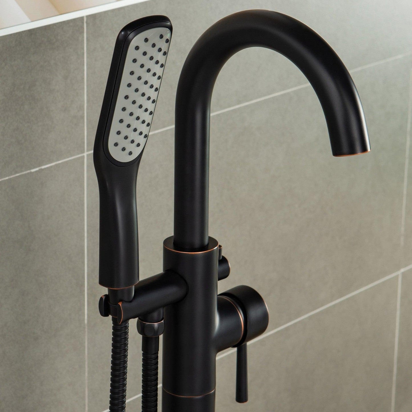 WoodBridge F0027ORBSQ Oil Rubbed Bronze Fusion Single Handle Floor Mount Freestanding Tub Filler Faucet With Square Comfort Grip Hand Shower