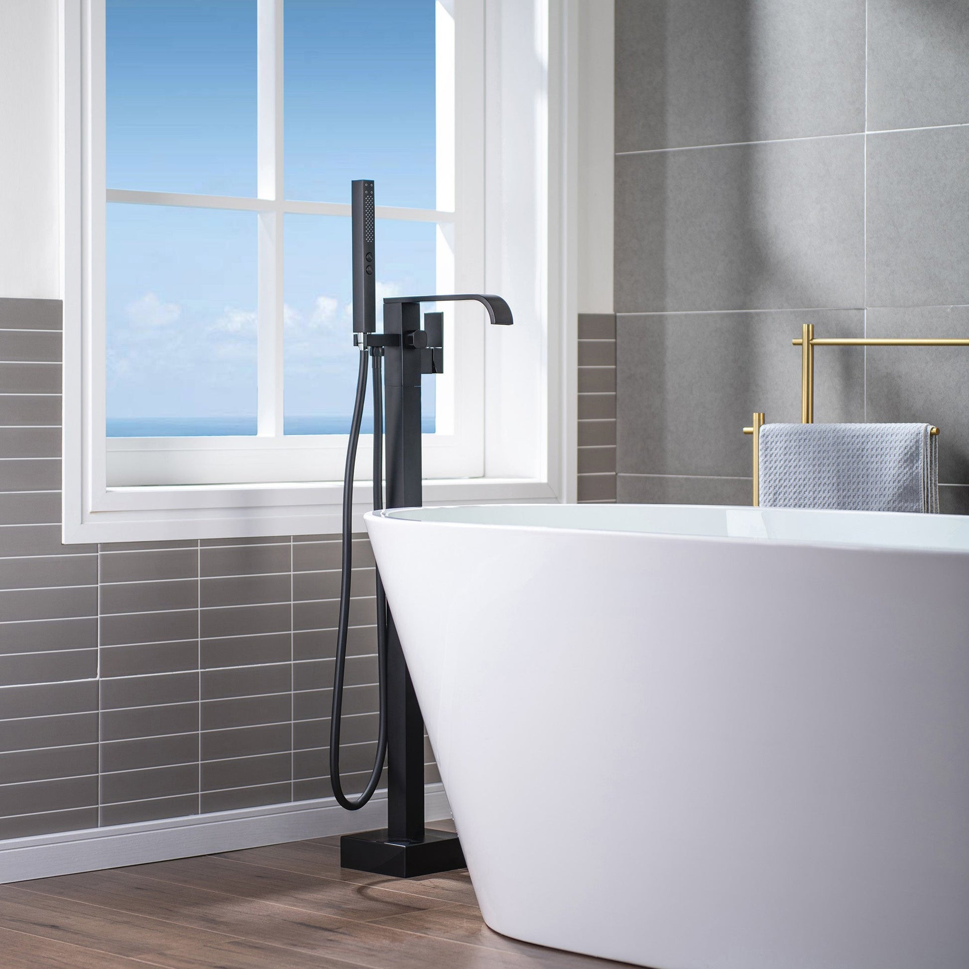 WoodBridge F0037MB Matte Black Contemporary Single Handle Floor Mount Freestanding Tub Filler Faucet With Square Hand Shower