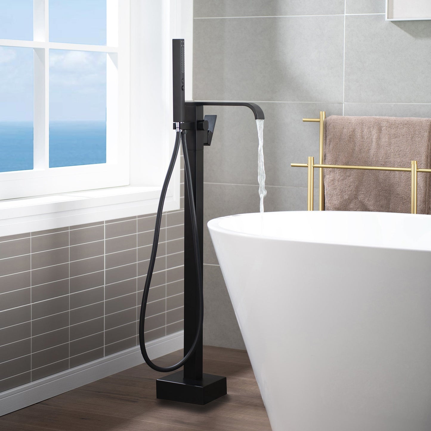 WoodBridge F0037MB Matte Black Contemporary Single Handle Floor Mount Freestanding Tub Filler Faucet With Square Hand Shower