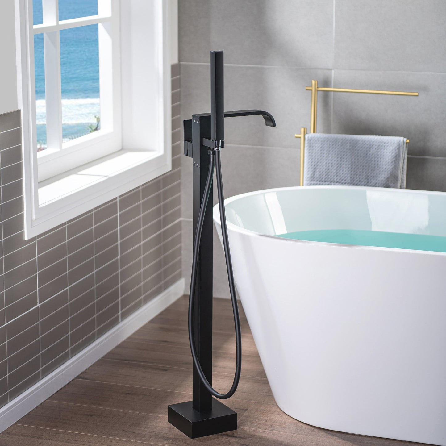 WoodBridge F0037MB Matte Black Contemporary Single Handle Floor Mount Freestanding Tub Filler Faucet With Square Hand Shower