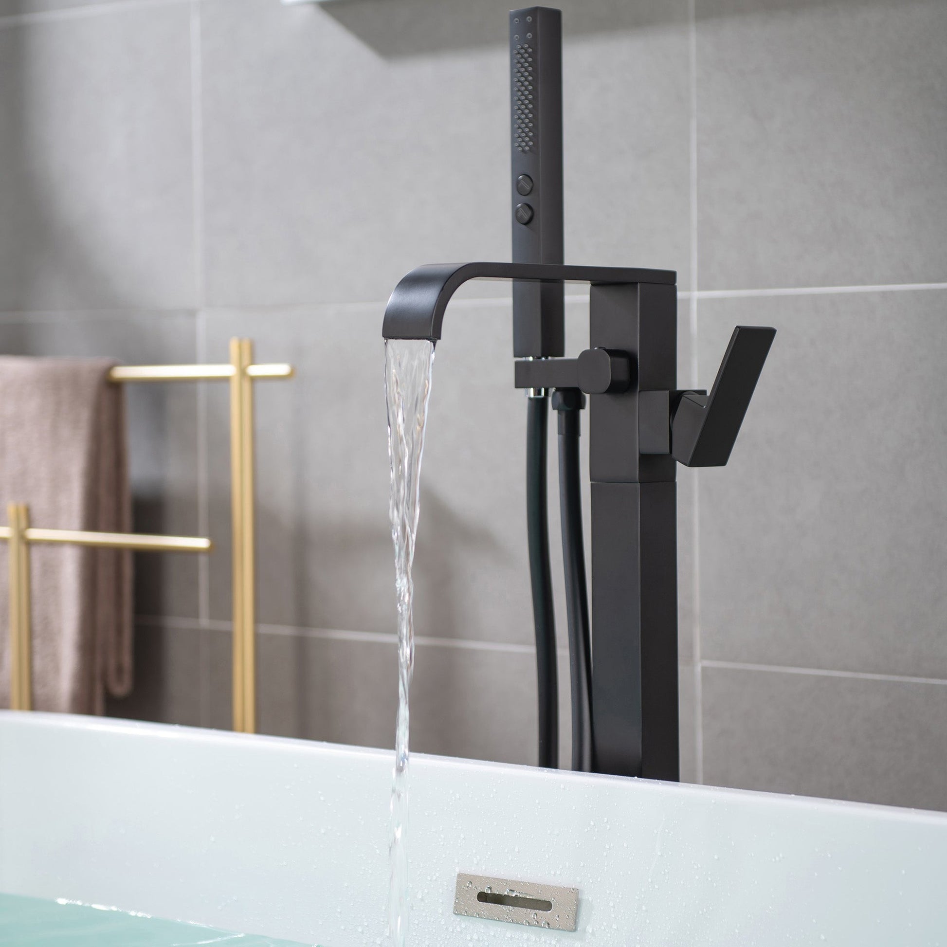 WoodBridge F0037MB Matte Black Contemporary Single Handle Floor Mount Freestanding Tub Filler Faucet With Square Hand Shower