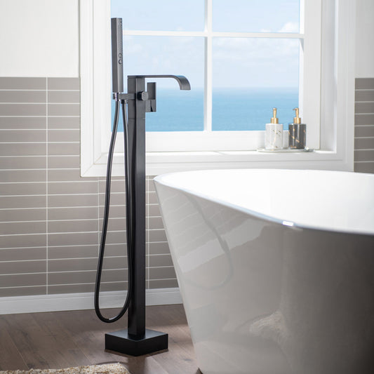 WoodBridge F0037MB Matte Black Contemporary Single Handle Floor Mount Freestanding Tub Filler Faucet With Square Hand Shower