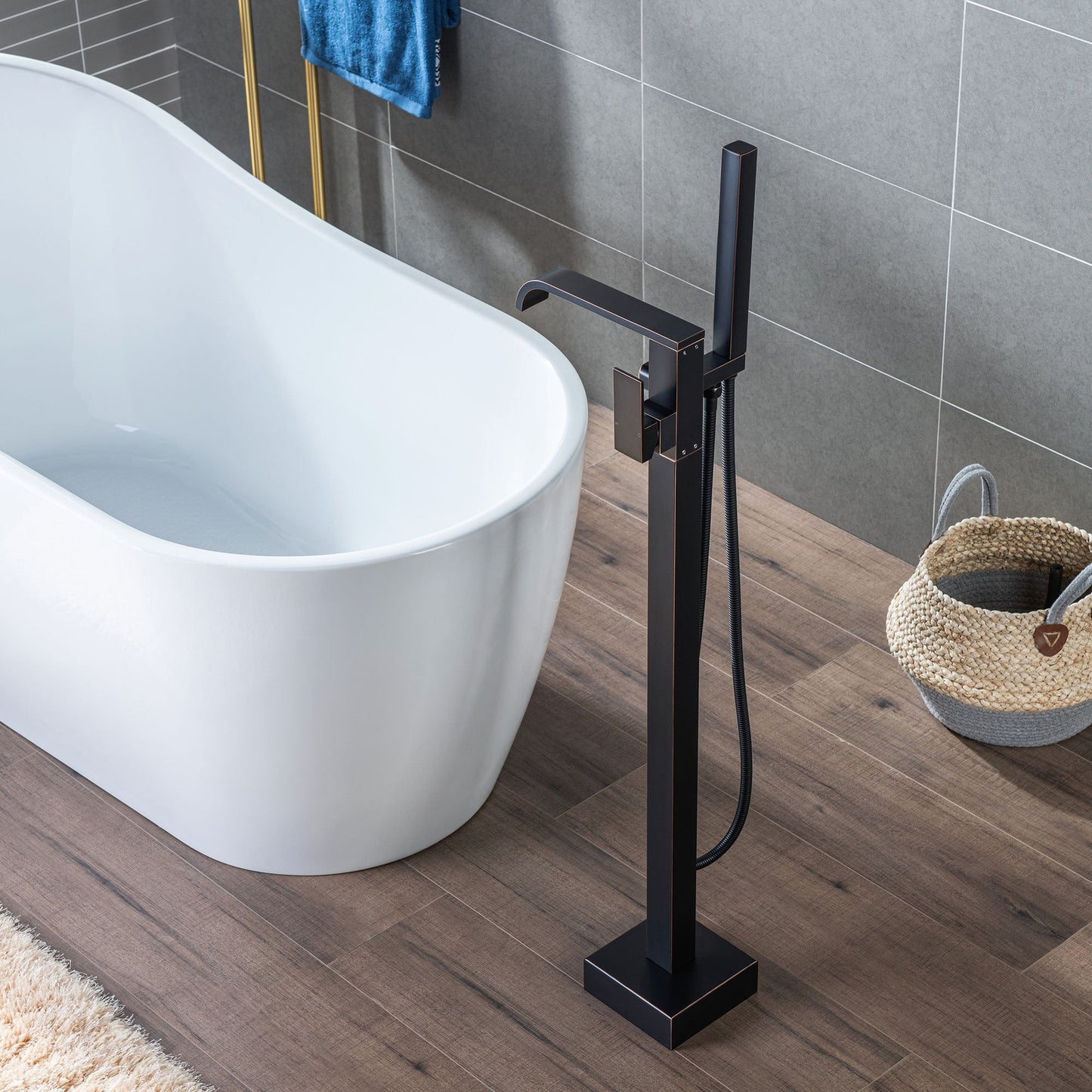 WoodBridge F0038ORB Oil Rubbed Bronze Contemporary Single Handle Floor Mount Freestanding Tub Filler Faucet With Square Hand Shower