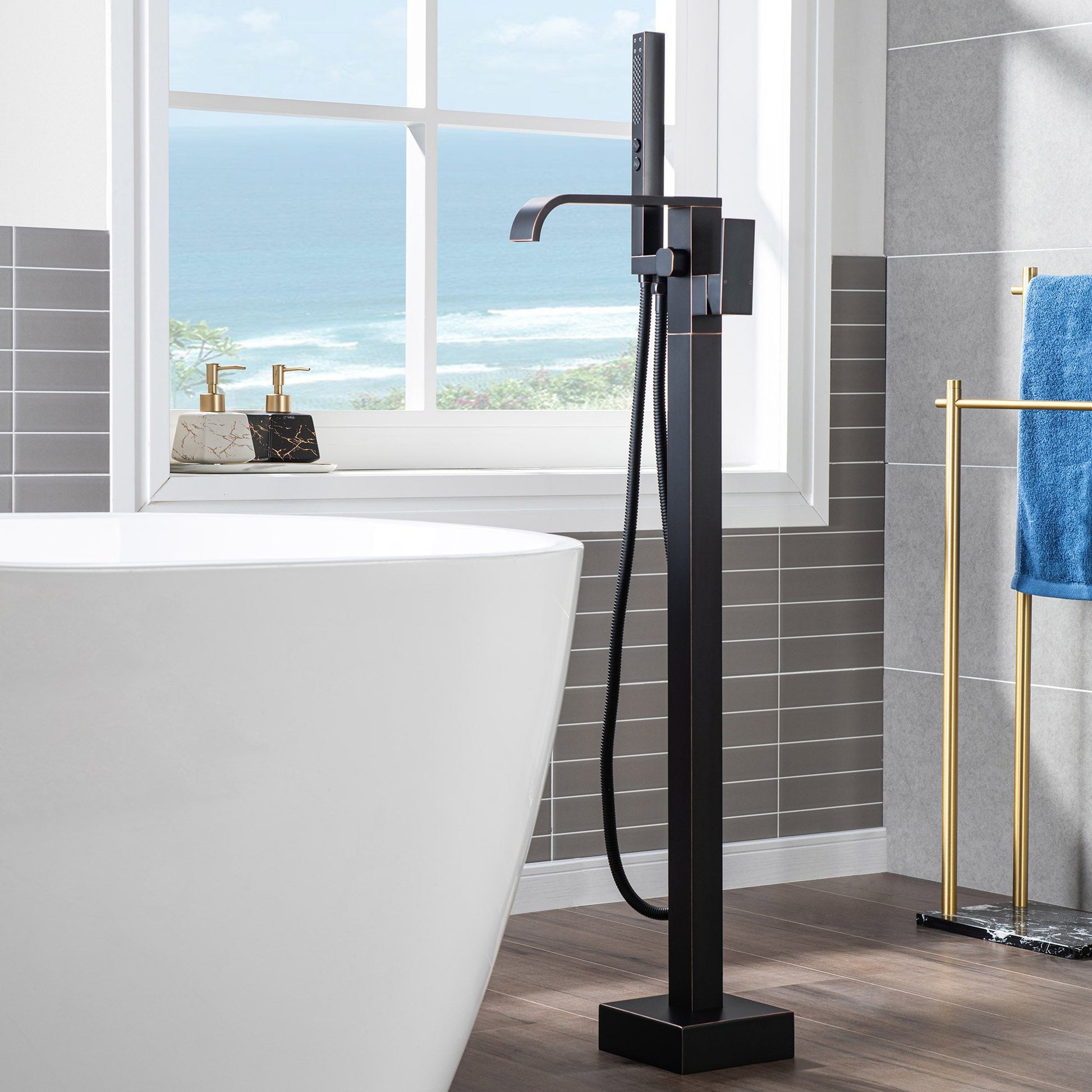 WoodBridge F0038ORB Oil Rubbed Bronze Contemporary Single Handle Floor Mount Freestanding Tub Filler Faucet With Square Hand Shower