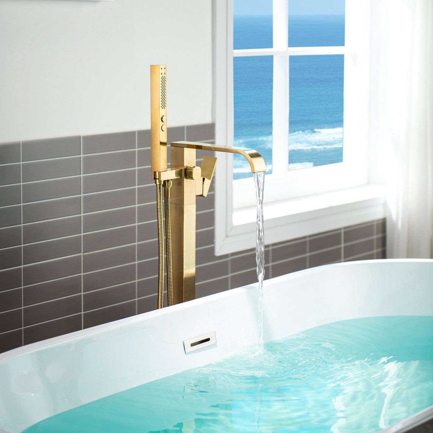 WoodBridge F0039BG Brushed Gold Contemporary Single Handle Floor Mount Freestanding Tub Filler Faucet With Square Hand Shower