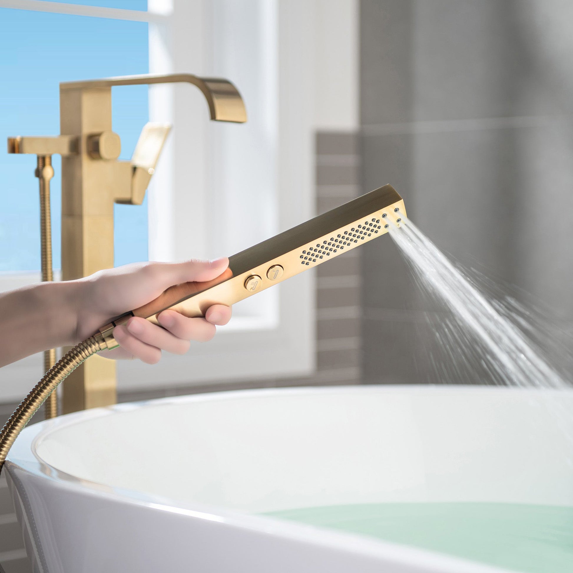 WoodBridge F0039BG Brushed Gold Contemporary Single Handle Floor Mount Freestanding Tub Filler Faucet With Square Hand Shower